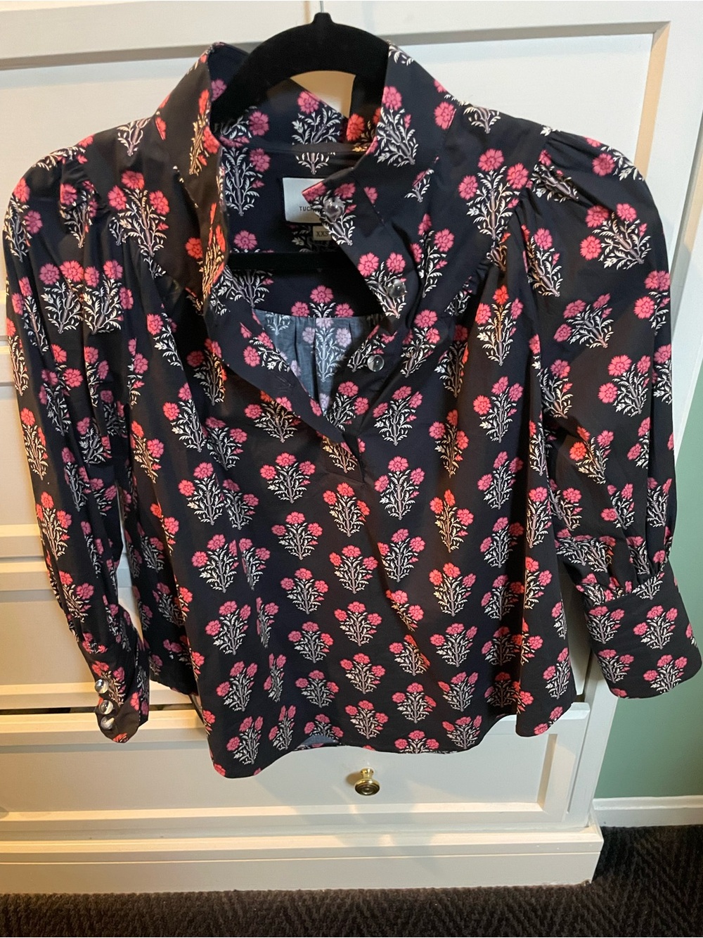 Women's Black Floral Button-Up Blouse with Pink Print tuckernuck